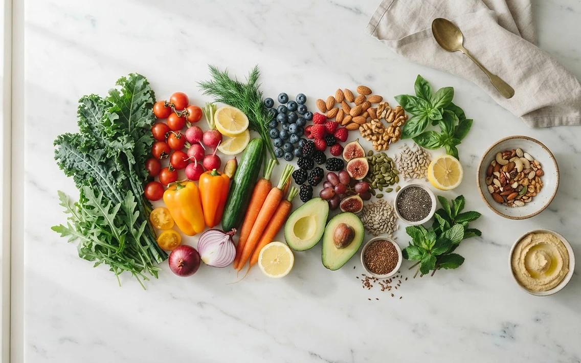 Frisches Gemüse, Obst, Nüsse und Kräuter auf einer hellen Marmorfläche