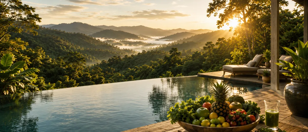 Sonnenuntergang über bewaldeten Hügeln, im Vordergrund ein ruhiger Pool