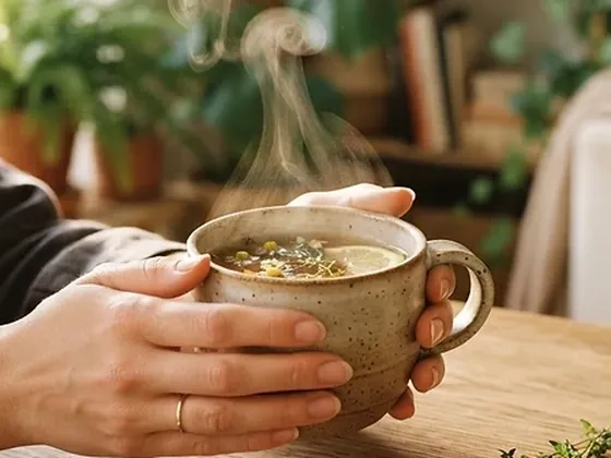 Hände halten eine Tasse Kräutertee mit Kamillenblüten