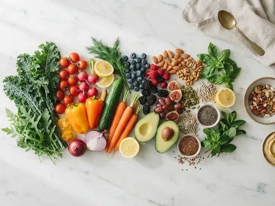 Frisches Gemüse, Obst, Nüsse und Kräuter auf einer hellen Marmorfläche