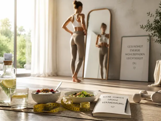 Wasser, Müsli und Salat auf einem Tisch in einem hellen Wohnraum