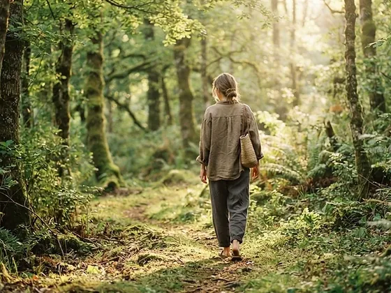 Frau geht bei Morgenlicht auf einem Waldweg spazieren
