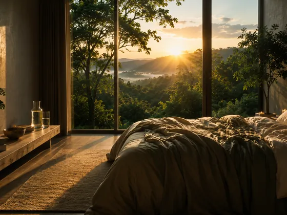 Ruhiges Schlafzimmer mit Blick ins Grüne im ersten Morgenlicht