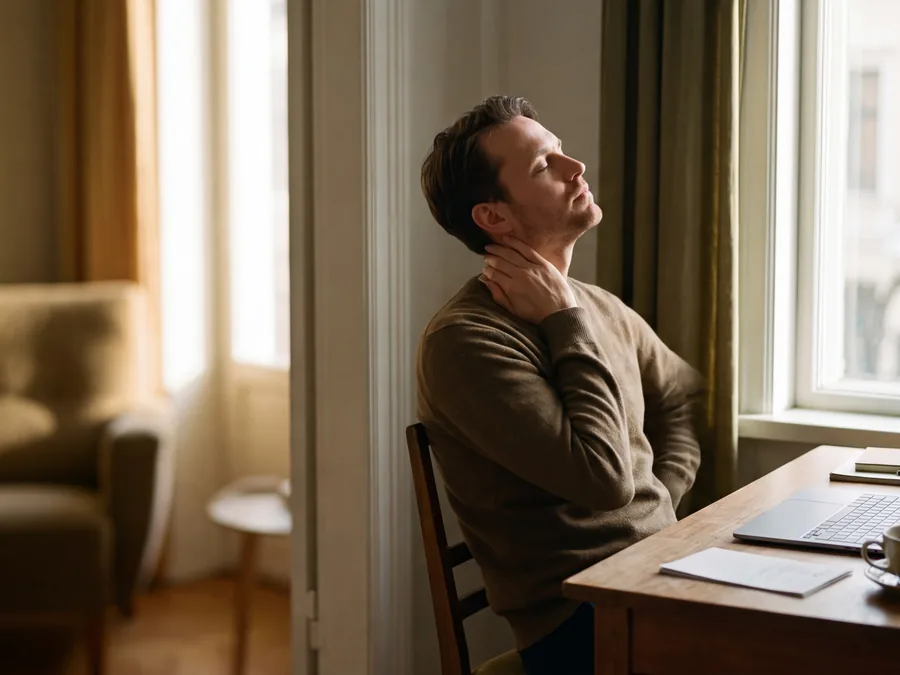 Mann macht am Schreibtisch am Fenster eine kurze Pause und atmet durch