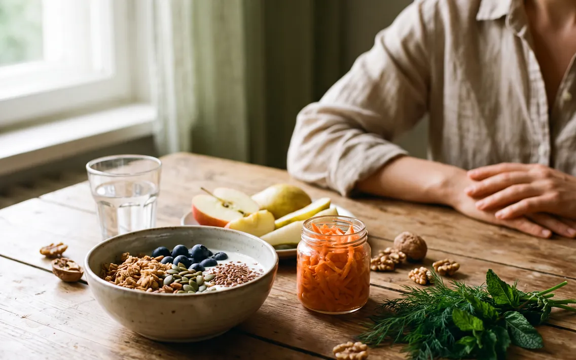 Frühstückstisch mit Joghurt, Beeren, fermentiertem Gemüse, Nüssen und frischen Kräutern im Morgenlicht