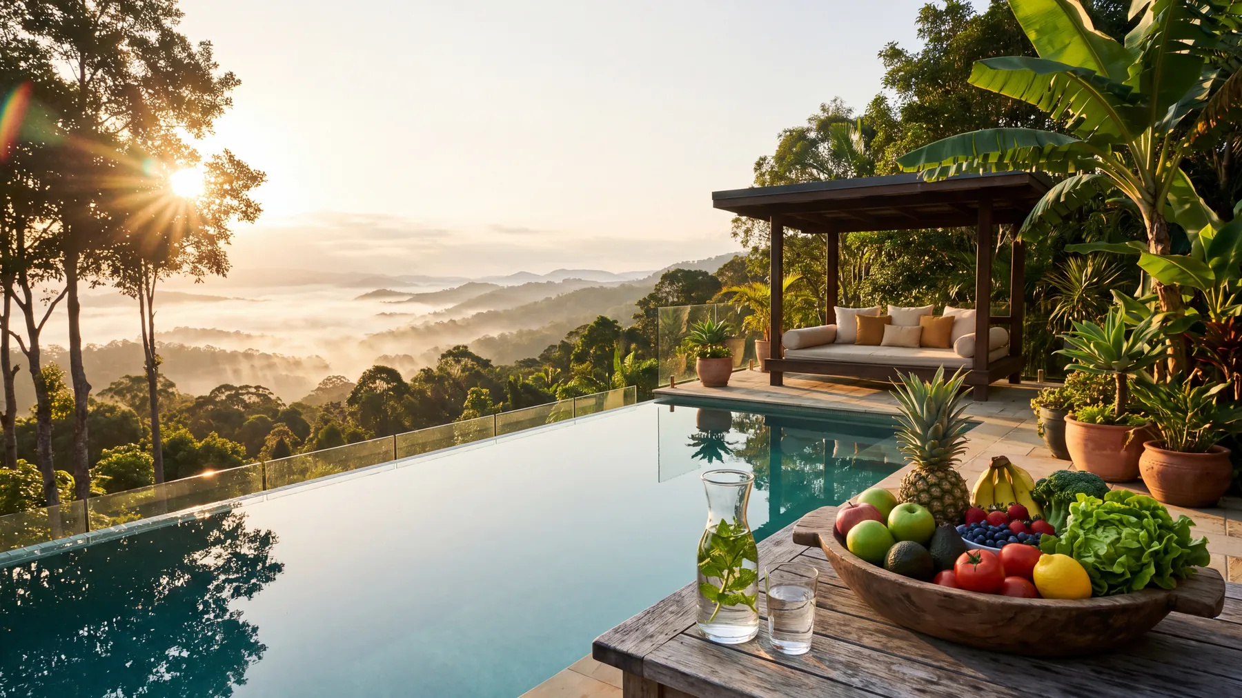 Infinity-Pool über nebelverhangenen bewaldeten Bergketten bei Sonnenaufgang, im Vordergrund eine Schale mit frischem Obst und Gemüse