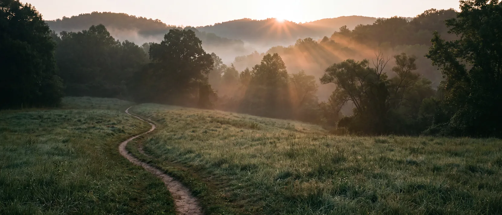 Schmaler Pfad durch eine Wiese in nebelverhangene bewaldete Hügel bei Sonnenaufgang