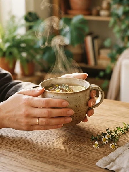 Hände halten eine Tasse Kräutertee mit Kamillenblüten