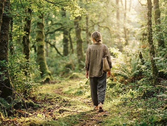 Frau geht bei Morgenlicht auf einem Waldweg spazieren